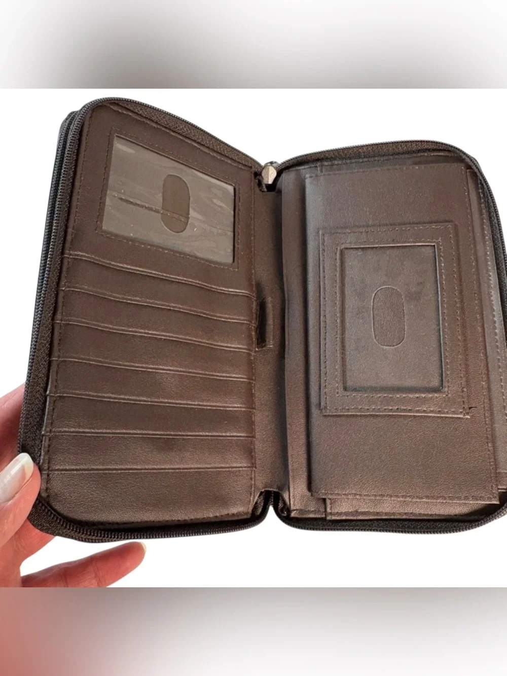 Vintage Brown Leather Zip-Around Checkbook Wallet Organizer